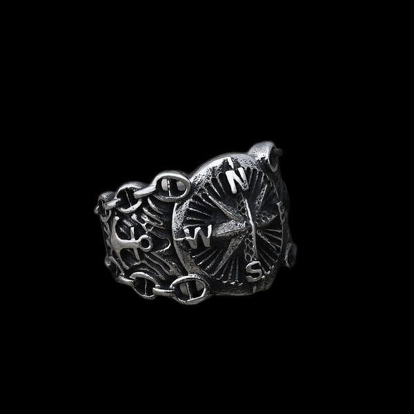 Stainless Steel Anchor Ring Boiled Black Polished Compass Ring For Men And Women Fashion Unisex Everyday Wear Style