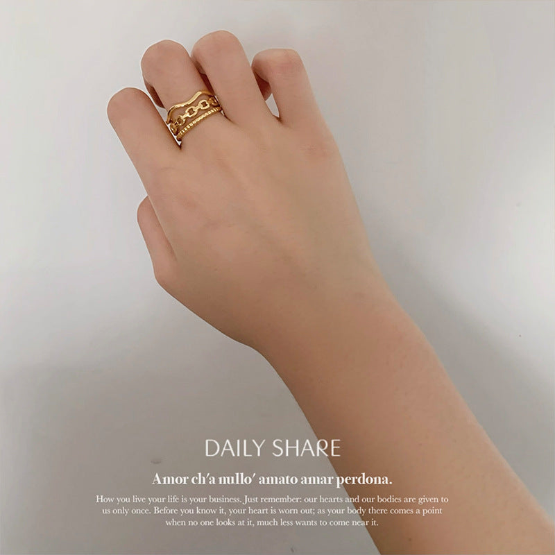 Three Layer Wave Ring With Hollow Beads Titanium Steel 18K Gold Plating Unisex Adjustable Geometric Lace Style