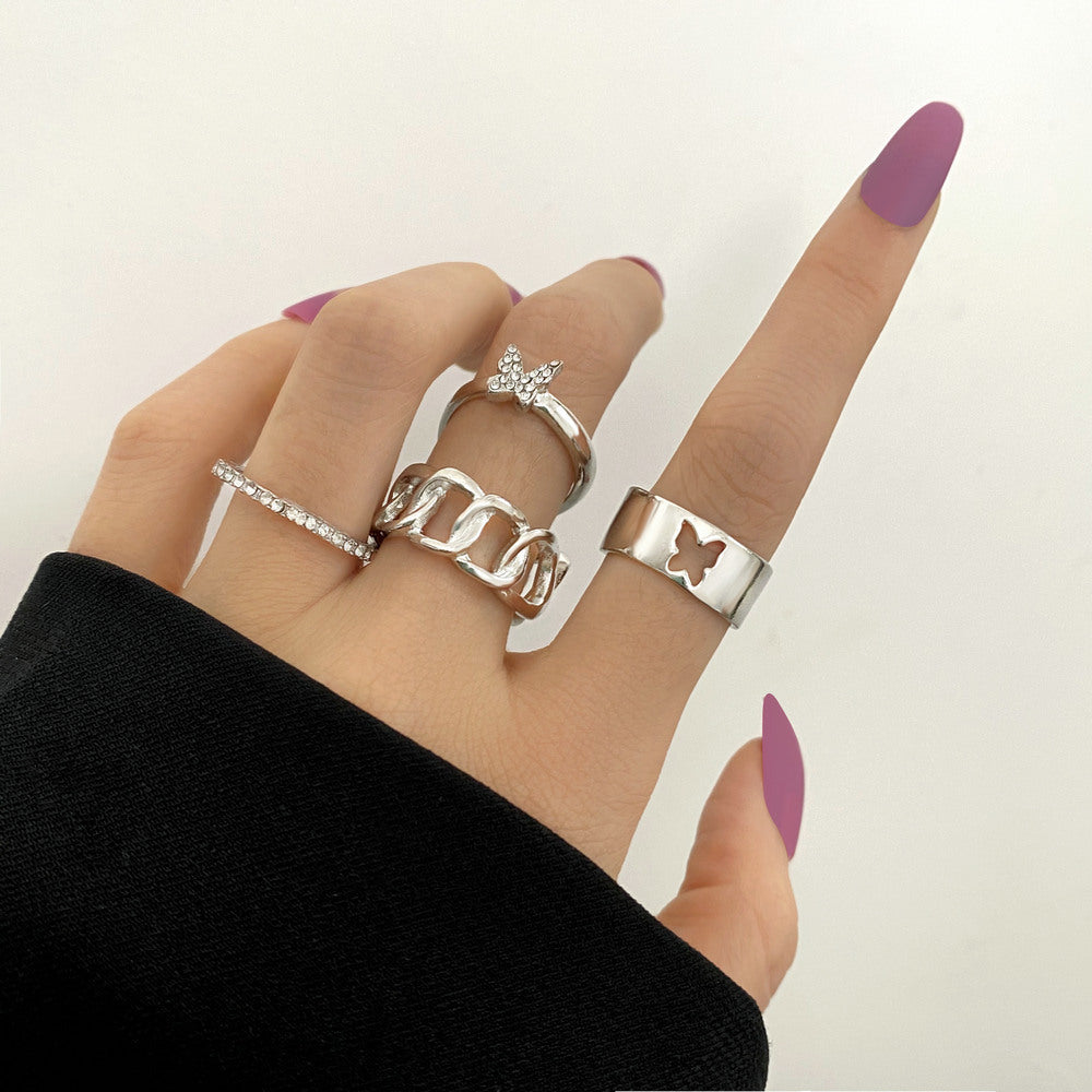Womens Alloy Metal Ring Set Retro Geometric Chain Rings European Design Electroplated Gold And Silver Tone Fashion