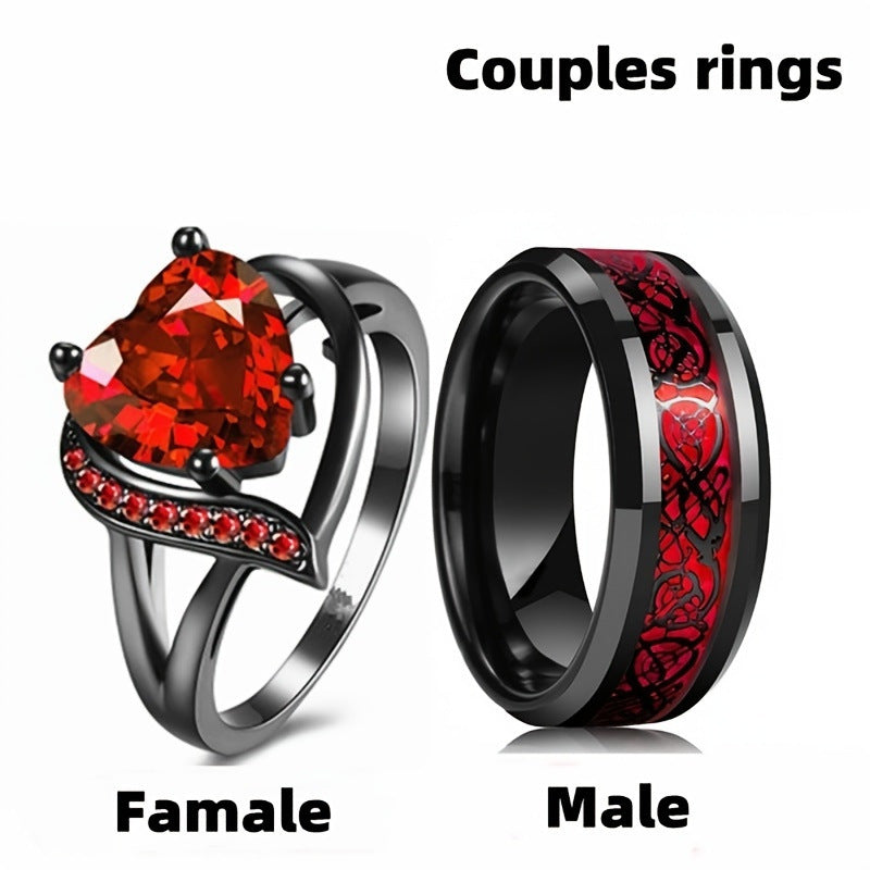 Couple Rings Dragon Pattern Heart Shape Matching Rings For Him And Her Stainless Steel Alloy Electroplated Finish