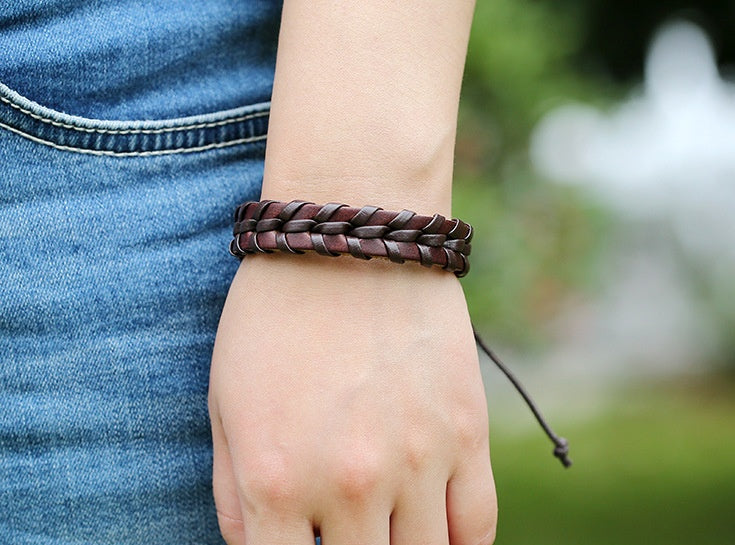 Handmade Braided Leather Bracelet Cowhide Adjustable Wristband For Men And Women Wax Rope Jewelry Gift Everyday Style