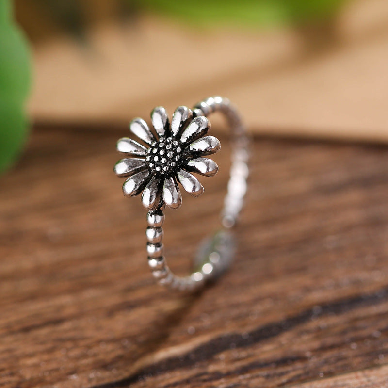 Sunflower Vintage Ring 925 Sterling Silver Adjustable Opening Jewelry For Dainty Fingers With Sunflower Motif Stylish