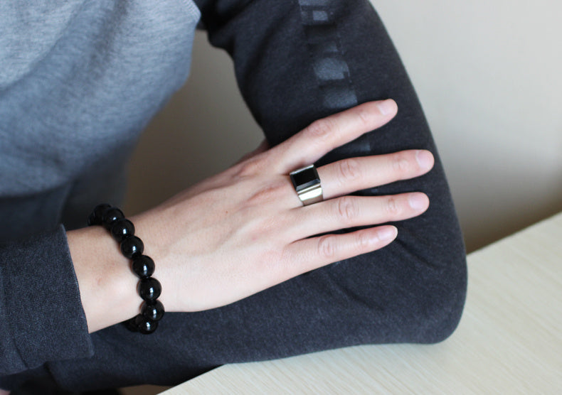 Mens Titanium Steel Ring Obsidian Inlay European American Retro Style Jewelry Gift For Him Obsidian Inlay Gems