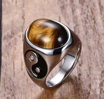 Vintage Oval Tiger Eye Stone Ring With Yin Yang Symbol Stainless Steel Jewelry For Men And Boys Accessories Collection