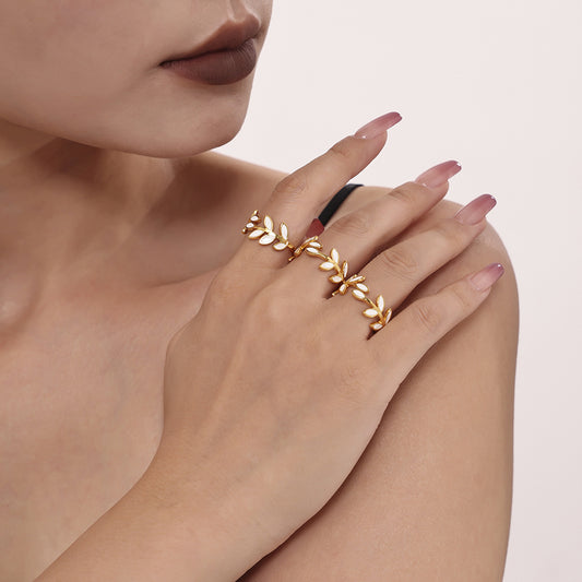 Stainless Steel Adjustable Ring With Branches Leaves Design Dripping Oil Electroplated For Everyday Wear Jewelry