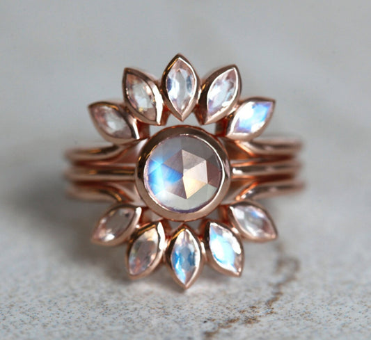 Geometric Sunflower Ring Set For Women Three Piece Rose Gold Alloy Rings European And American Style Fashion Gift