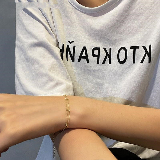 Womens Geometric Double Layer Bracelet With Beads Copper Gold Plating Adjustable Extender Jewelry Gift For Her