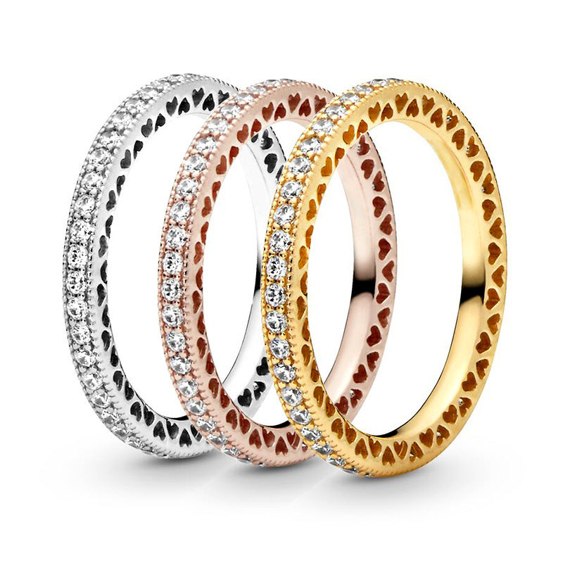 Peach Heart Shaped Hollow Ring White Copper Gold Plated Inlaid Gems Semi Precious Stone Geometric Style For Women