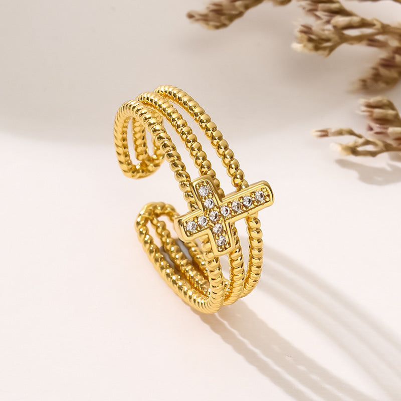Open Adjustable Copper Ring With 18K Gold Plating Three Layer Hollow Zircon Cross Geometric Design Jewelry For Women