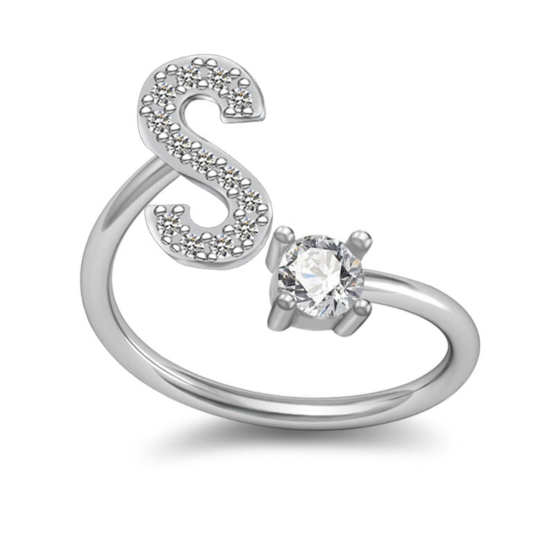 Womens Initial Rings Adjustable Copper Letter Ring With Sterling Silver Gem Inlay Fine European Jewelry A to Z