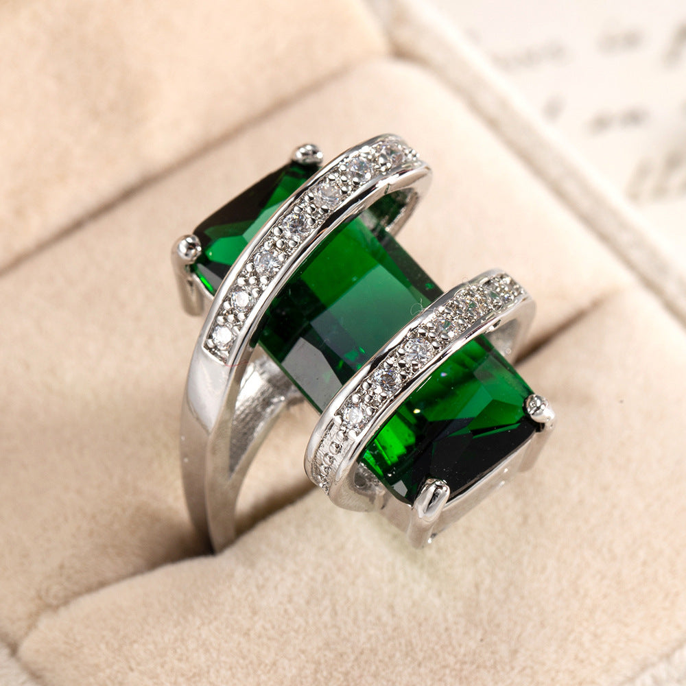 Extra Large Rectangular Zircon Ring Alloy Silver Plated European American Fashion Inlay Gem Ring For Couples Trendy