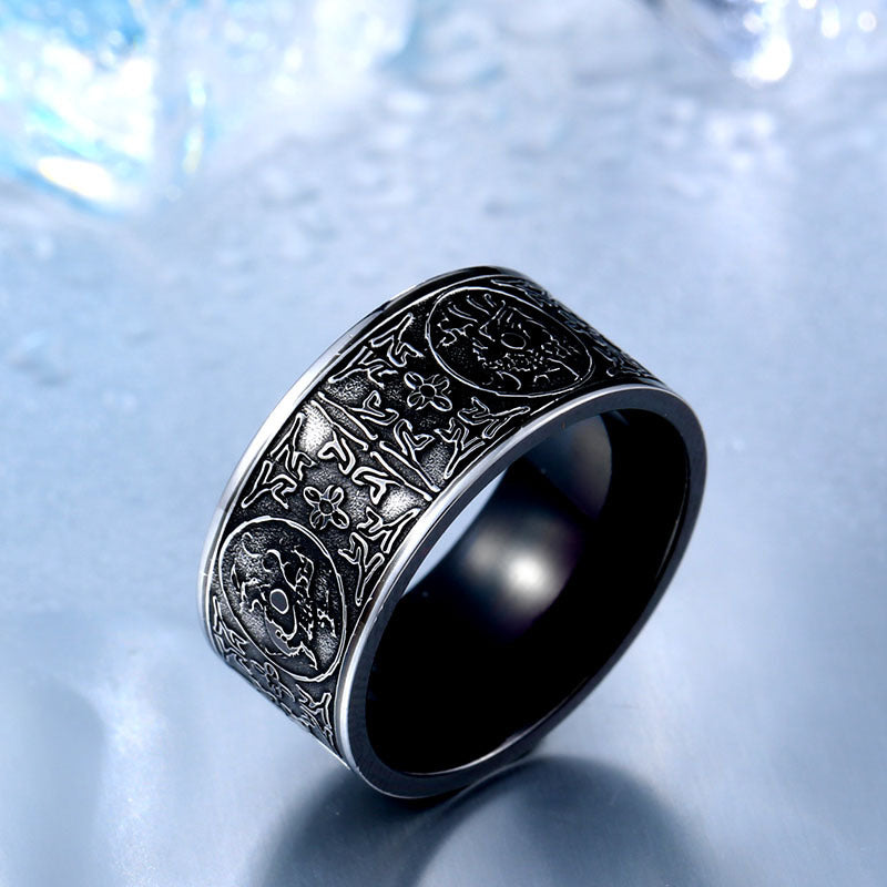 Mens Ring Four Beasts Zodiac Retro Black Plated Titanium Steel 10mm Wide Durable Jewelry Daily Wear Style Vibe