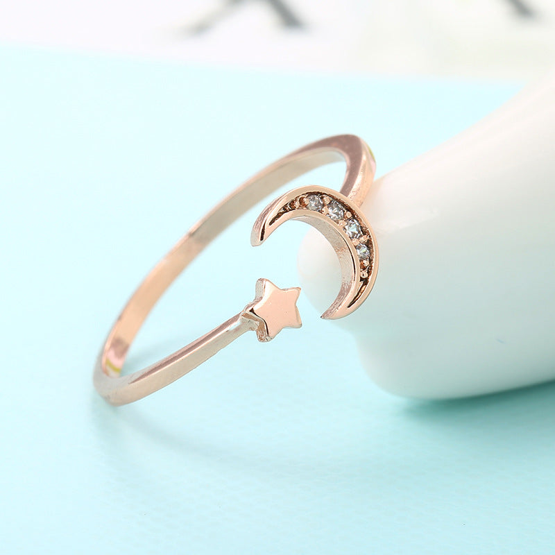 Womens Open Ring With Star And Moon Design Copper Ring Cubic Zirconia Crystal Fashion Jewelry Unique Ring Stylish