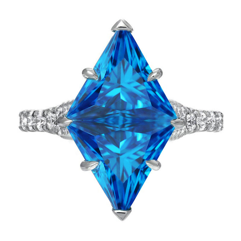 Womens Exaggerated Hollow Blue Triangle Diamond Accent Copper Geometric Ring Party Jewelry Elegant Unique Blue