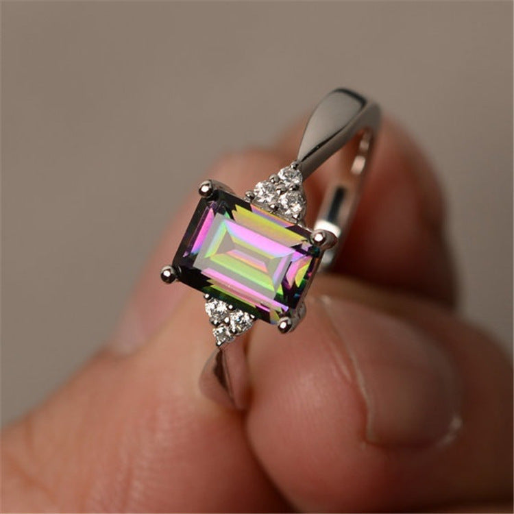 Rainbow Gemstone Ring Inlaid Square Copper Band Jewelry For Women Gift Birthday Fashion Accessory Statement Piece
