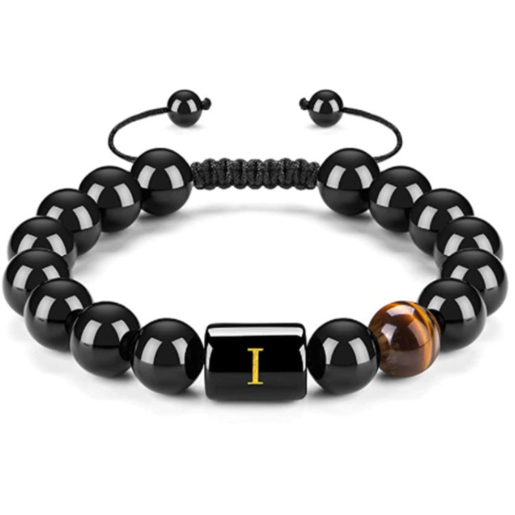 Mens Natural Black Agate 10mm Beads Handmade Initial Letter Bracelet Personalized Gift for Men Letter A Shape Letter