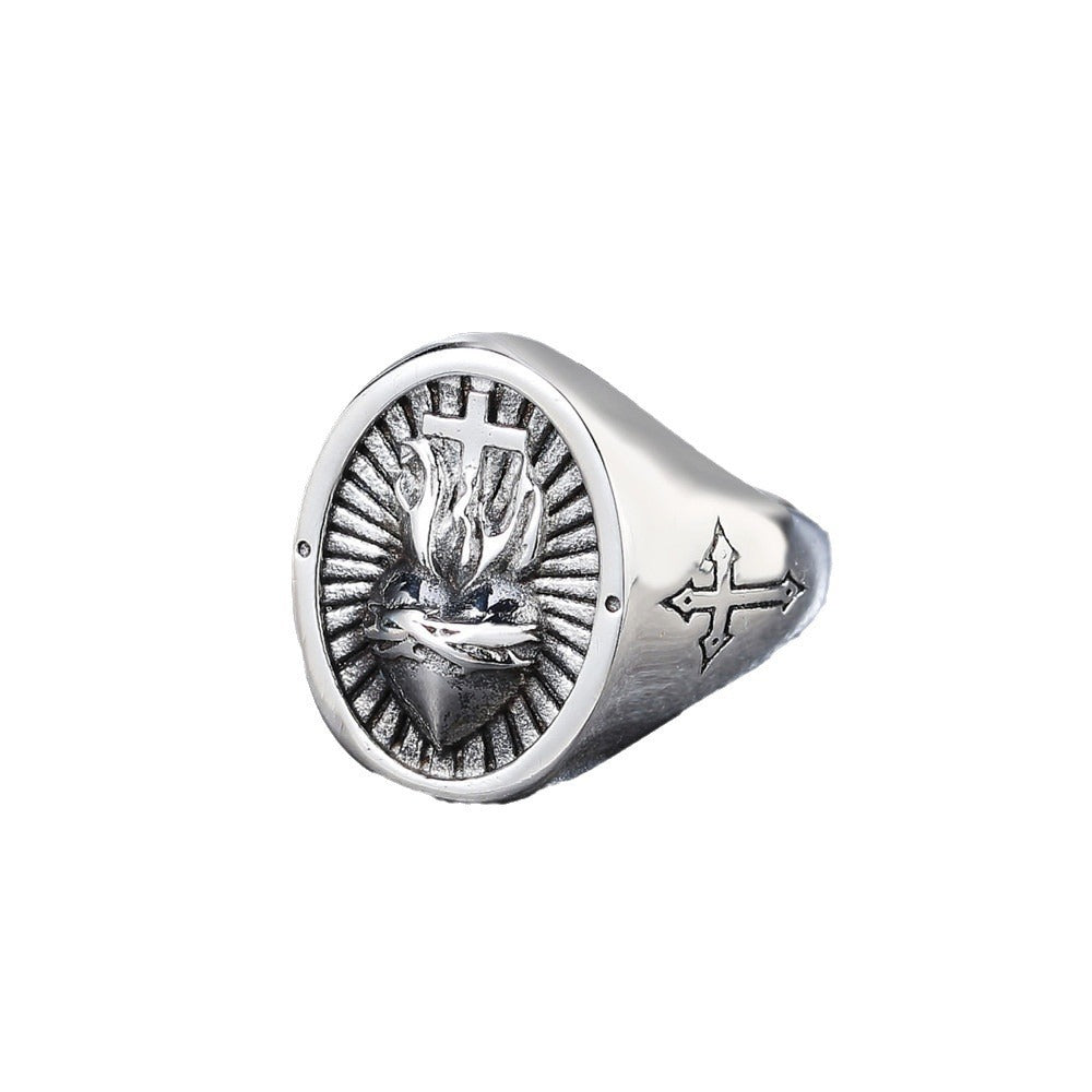 Titanium Steel Cross Heart Ring For Men And Women Retro Design Fashion Jewelry Durable Wedding Band Engagement