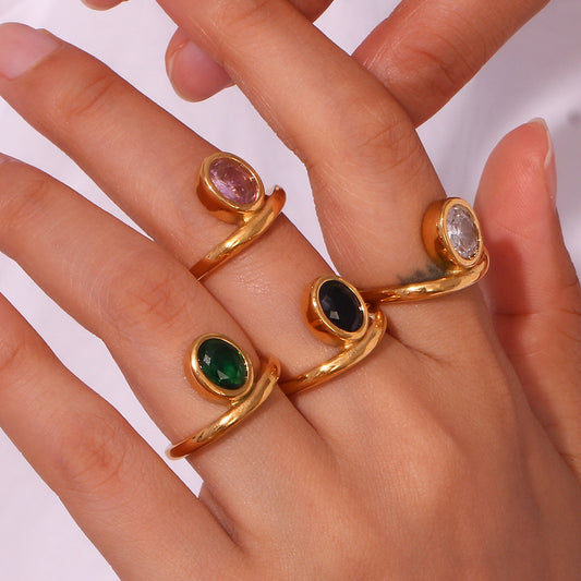 Womens Ring Stainless Steel 18K Gold Electroplated Geometric Ring For Women Oval Zircon Crown Ring Fashion Ring Personality Niche Ring