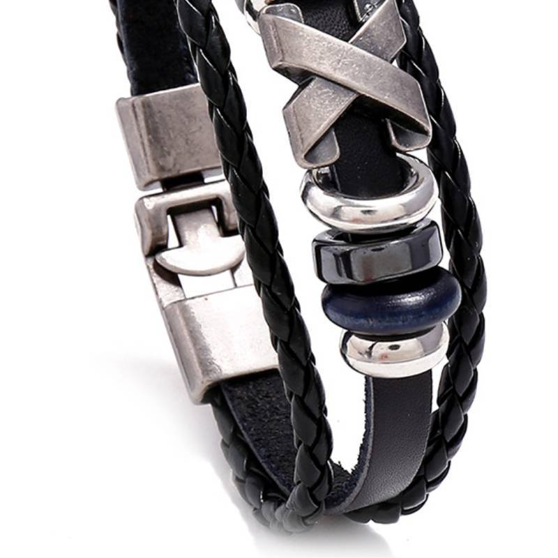 Unisex Leather Woven Cowhide Bracelet Geometric Bangle with Silver Accents Black Wristband for Males and Women