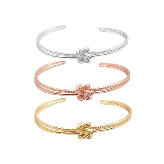 Womens Elegant Double Line Knotted Bracelet Gold Alloy Bangle Delicate Knot Design 6.8cm Inner Fashion Jewelry