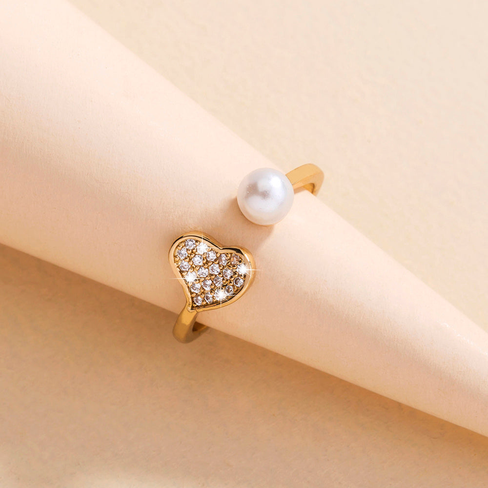 Heart Shaped Ring Adjustable Pearl Diamond Ring Copper Electroplating Pearl Jewelry for Women Girls Anniversary