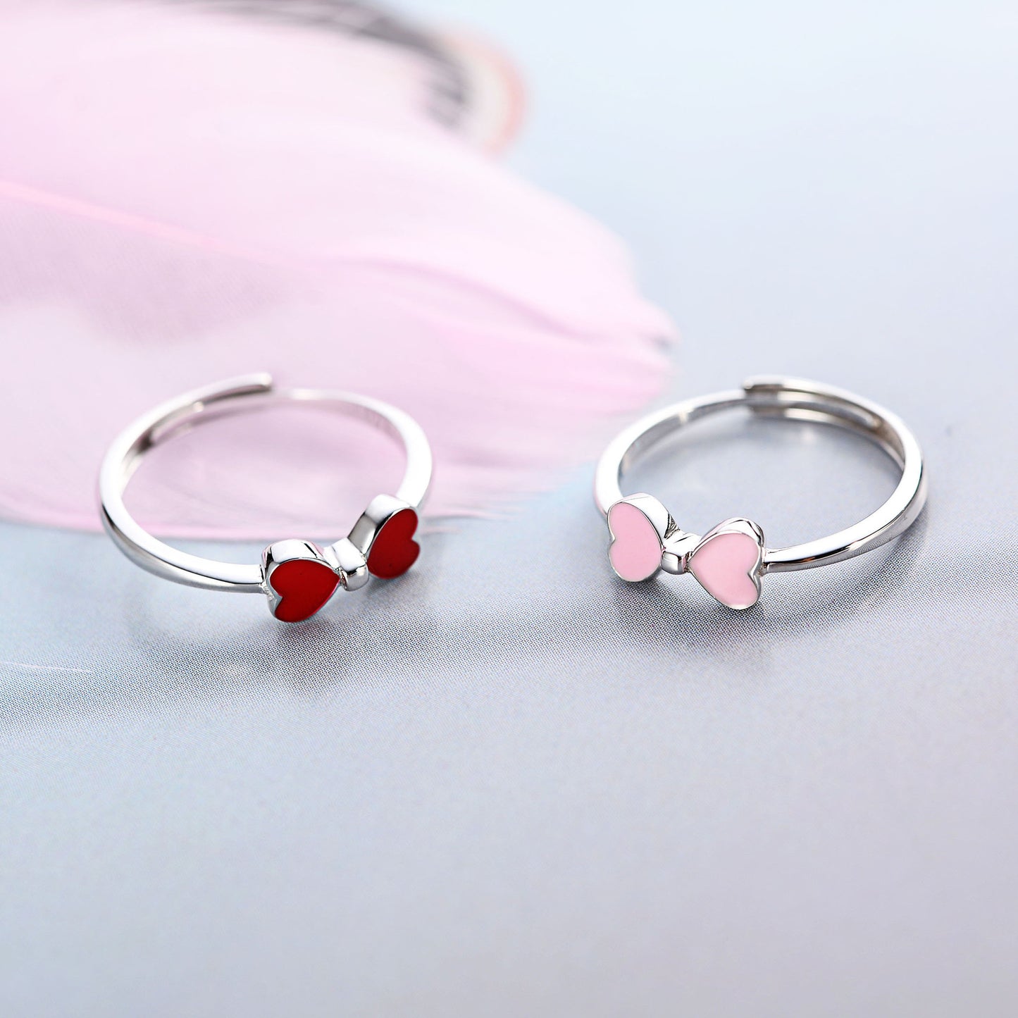 925 Sterling Silver Ring With Epoxy Bow Design Adjustable Opening Heart Shaped Ring Korea Jewelry Red Pink For