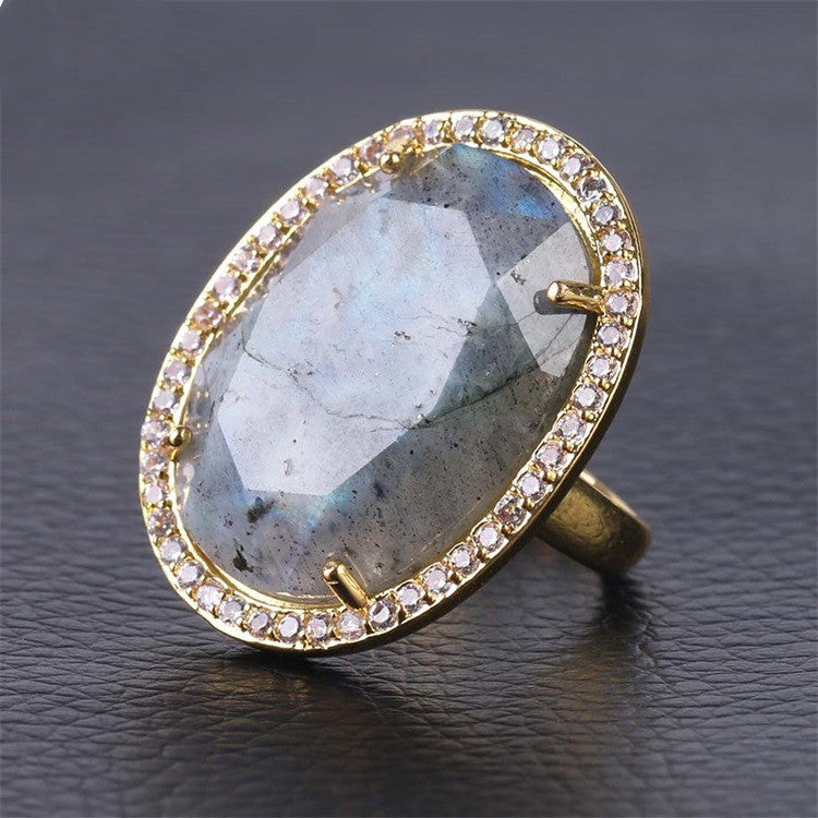 Womens Natural Stone Gold Plated Rhinestone Ring With Cut Gemstone Elegant Fashion Jewelry Accessory for Women