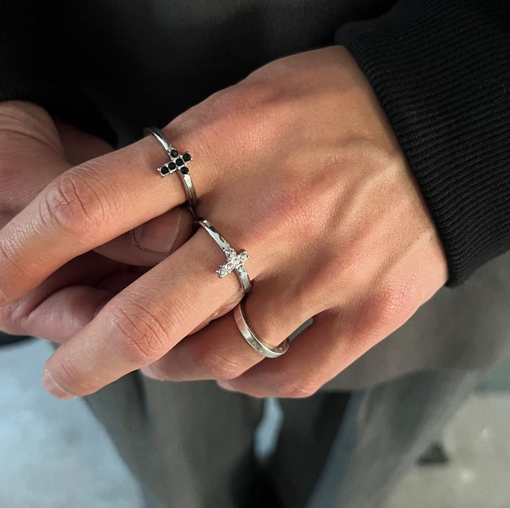 Mens Titanium Steel Ring Cross Crown Roman Numeral Pattern Diamond Zirconia Accent Silver Black Band Vintage Style Ring