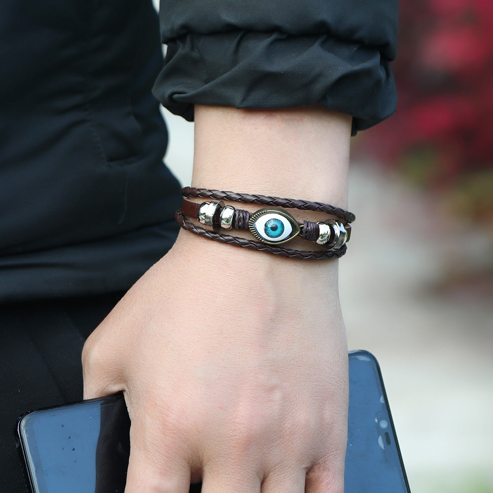 Unisex Vintage Leather Bracelet With Alloy Eyes PU Braided Beads Cowhide Wristband Braided Wrist Jewelry For Men