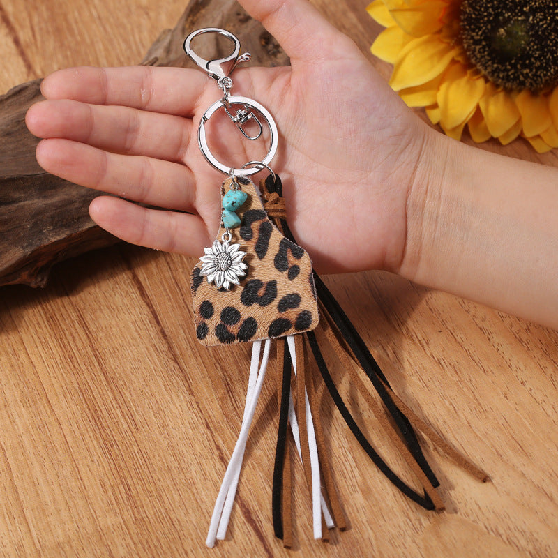Womens Leather Keychain Turquoise Sunflower Charm Geometric Cow Design Tassel Electroplated Keyring Sweet Charm