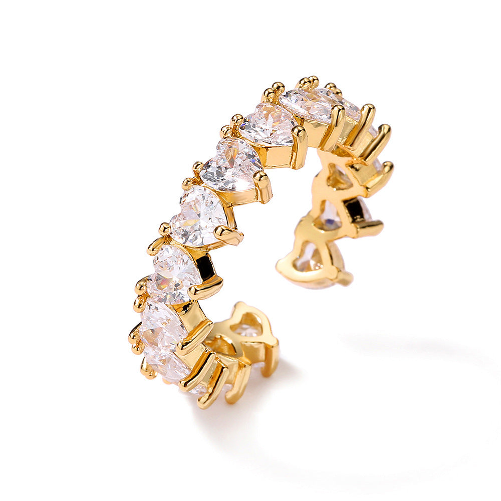 Zircon Open End Ring For Women Adjustable Heart Shape Copper Plated Dainty Jewelry Gift Accessory Delicate Design