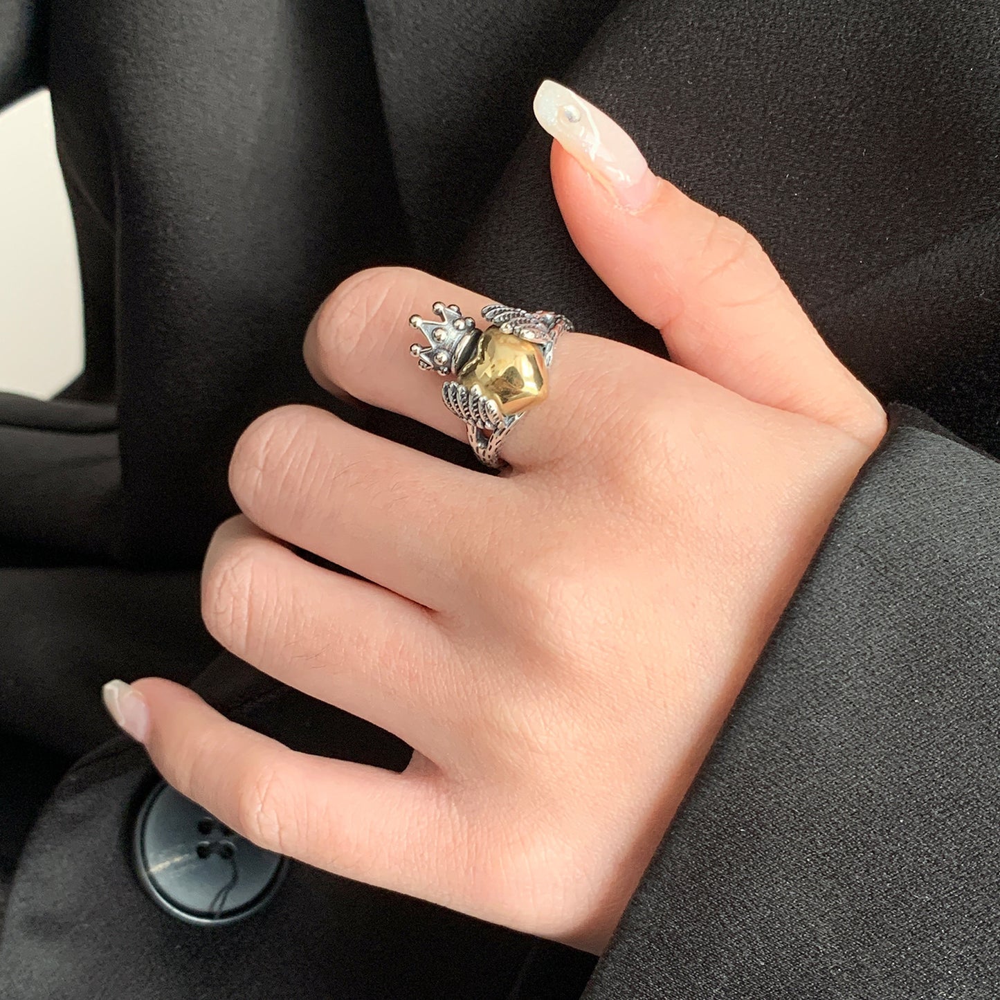 Womens Adjustable Silver Plated Ring Crown Wings Feathery Retro Geometrical Design Intricate Gold Accents Open