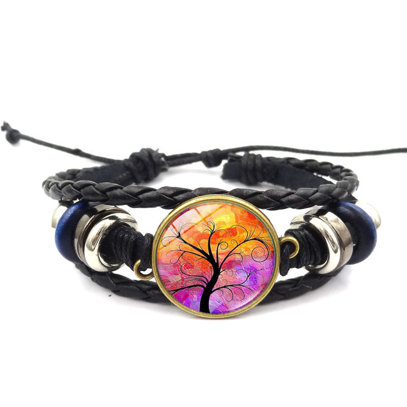 Tree of Life Handmade Multilayer Braided Leather Bracelet with Glass Charm Black Alloy Adjustable High Quality