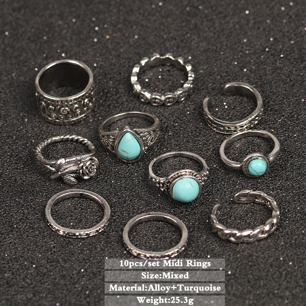 Vintage Turquoise Totem Flower Ring Ten Piece Joint Set