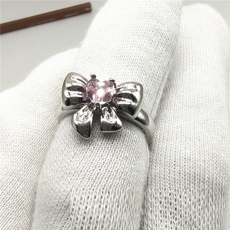 Womens Adjustable Ring Emerald Heart Zircon Bow Copper
