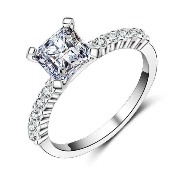 Womens Platinum Plated Square Diamond Princess Cut Four Claw Ring Wedding Engagement Anniversary Gift For Hers