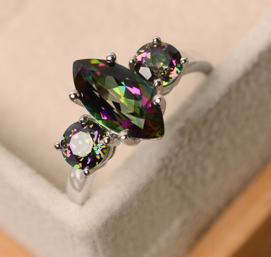 Womens Inlaid Seven Color Topaz Three Diamond Ring Copper Zircon Gemstone Jewelry For Special Occasions Color