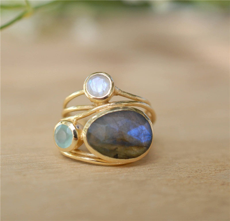 Gold Plated Moonstone Ring For Women With Colorful Shell Inlay And Semi Precious Gems Sizes US 6 7 8 9 10 For Her