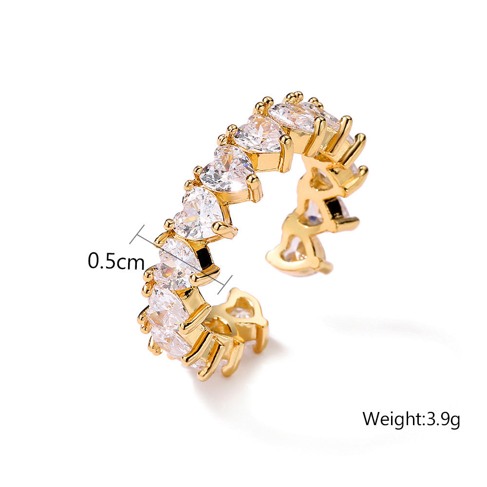 Zircon Open End Ring For Women Adjustable Heart Shape Copper Plated Dainty Jewelry Gift Accessory Delicate Design