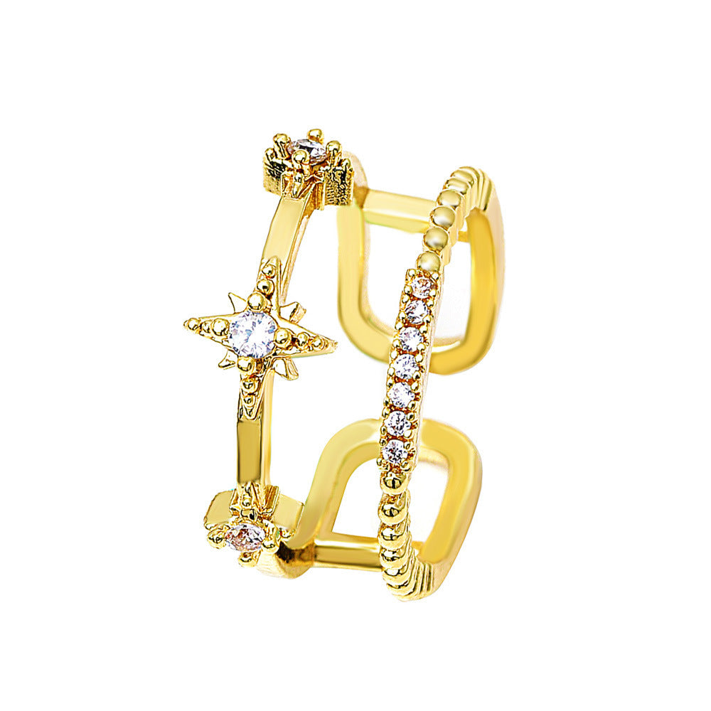 Womens Adjustable Open Ring Double Hexagram Korean Fashion Finger Ring Electroplated Copper Jewelry Gift Trendy