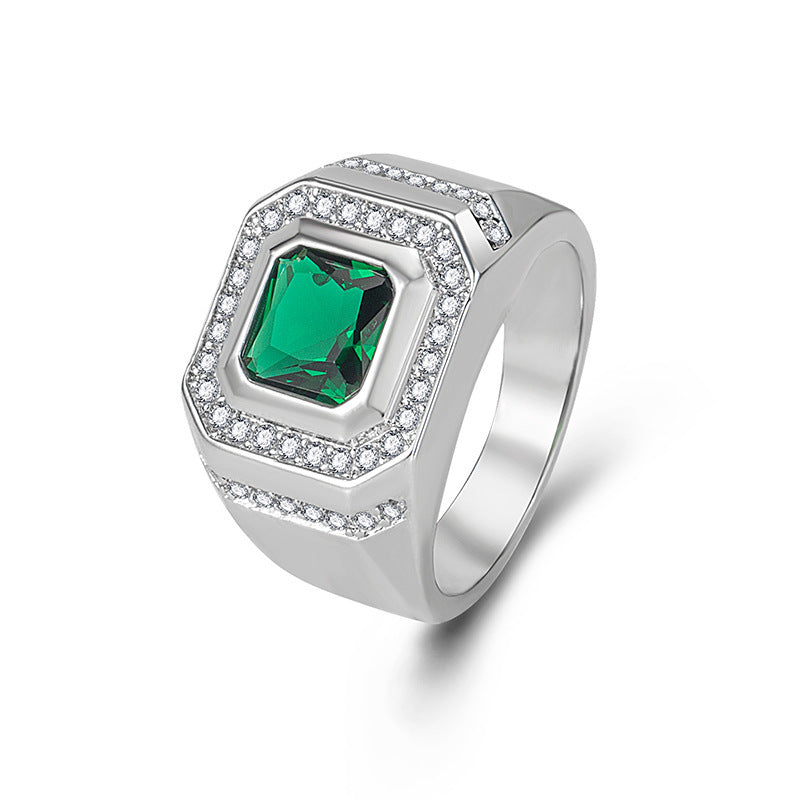Mens Emerald Green Geometric Ring Copper White Gold Plated Diamond Accent Antique Style Dressy Ring Mens Style