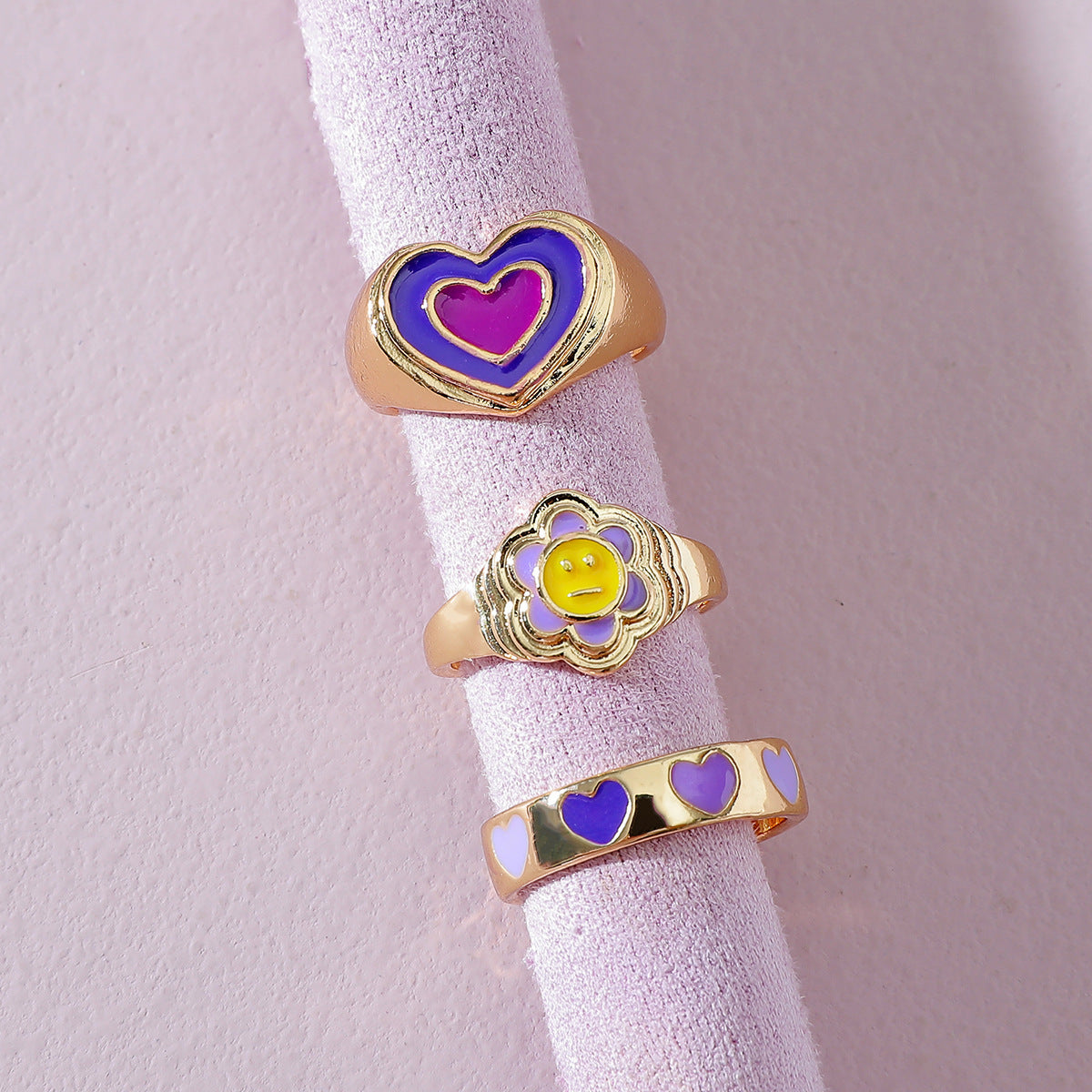Peach Heart Ring Set Geometric Agate Inlaid Alloy Jewelry