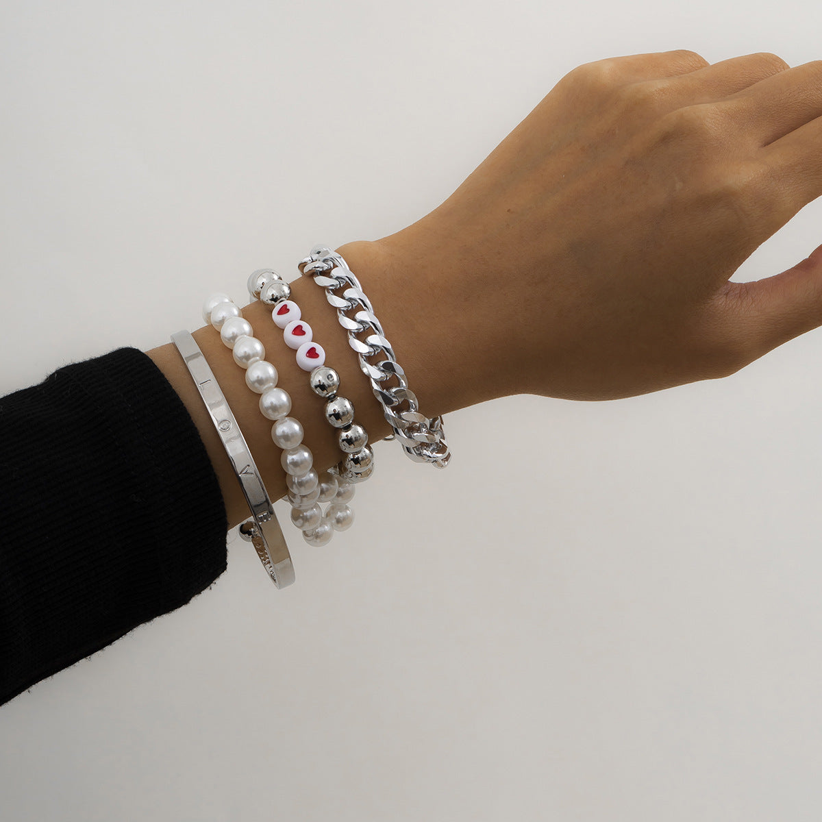 Womens Bracelet Set With Round Bead Chain And Artificial Pearl Geometric Design In Metal Alloy Jewelry Everyday Wear