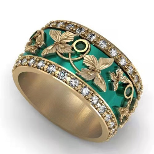 Green Butterfly Zircon Ring Inlaid Electroplated Alloy Jewelry Vintage Style Elegant Statement Gift For Her Collection