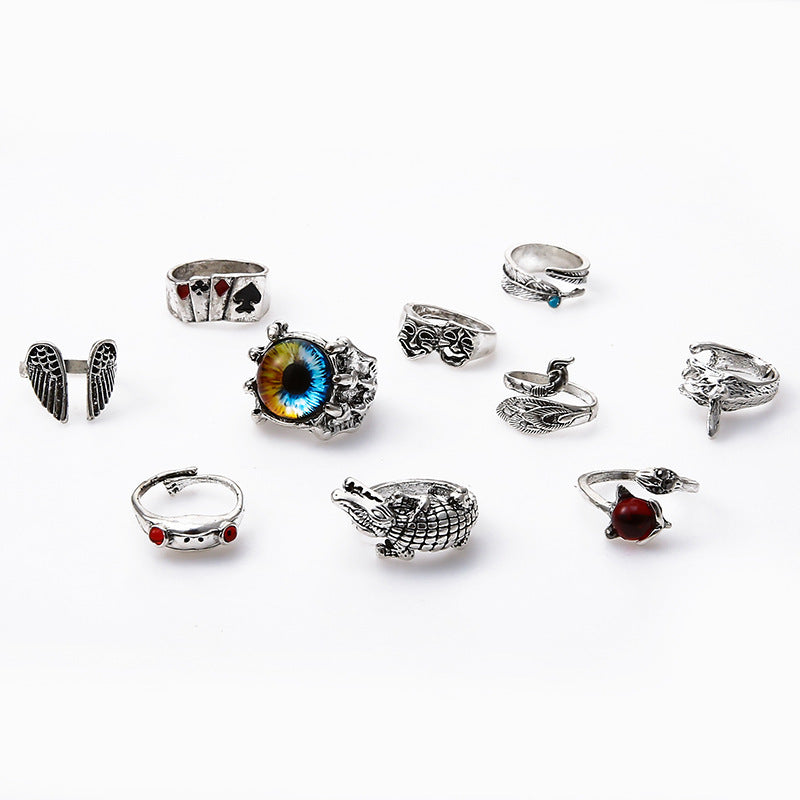 Unisex Animal Grimace Eye Ring Set Of 10 Durable Alloy Inlaid Rings For Party Wear Fashion Jewelry Gift Accessories