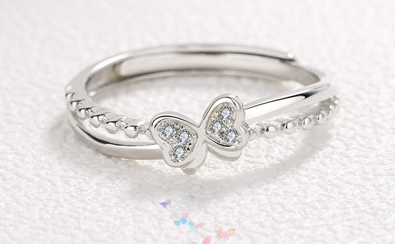 Womens 925 Silver Ring with Bow Knot Design Korean INS Adjustable Opening Diamond Ring for Women Girls Fashion Jewelry Gift