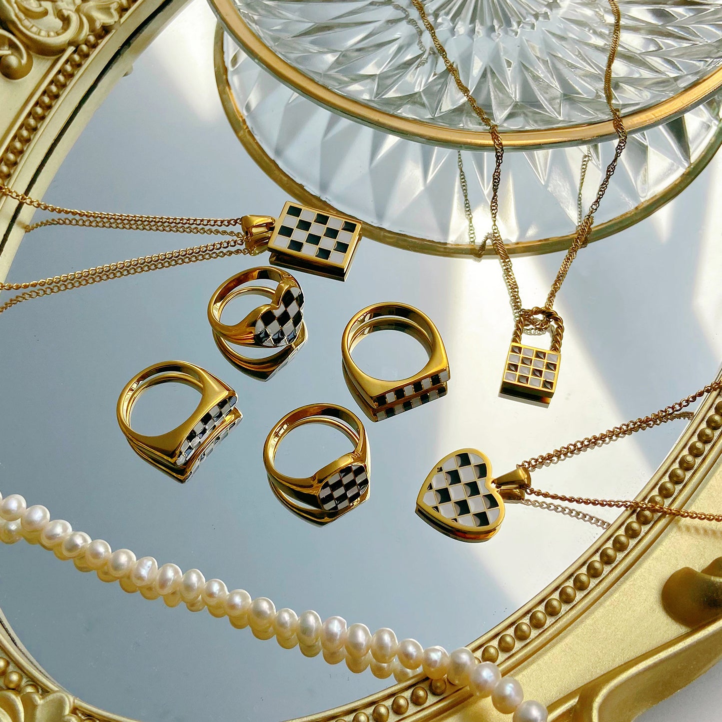 Geometric Stainless Steel Ring For Party Fashion Jewelry Plaid Chessboard Style Ring For Women Red Black Blue Colors