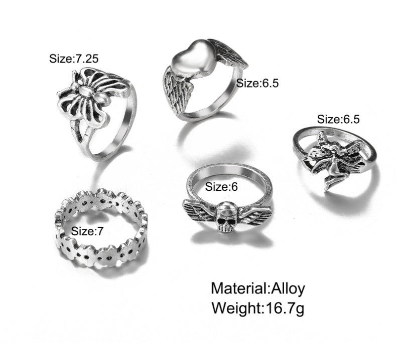 Butterfly Ring Set Vintage Silver Alloy Rings With Peach Heart Hollow Design Love Themed Fashion Jewelry Collection