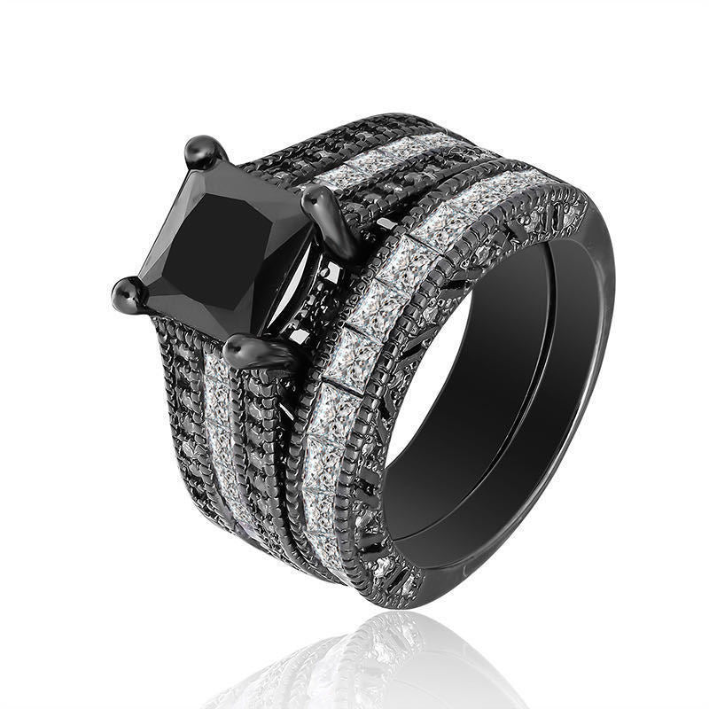 Women Black Inlaid Square White Zircon Ring Flower Design Gold Plated Alloy Jewelry For Daily Wear Occasions