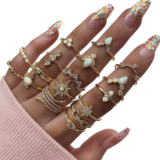 Womens Ring Set Gemstone Alloy Electroplated 17 Piece Fashion Jewelry Stackable Dainty Party Daily Wear Elegant